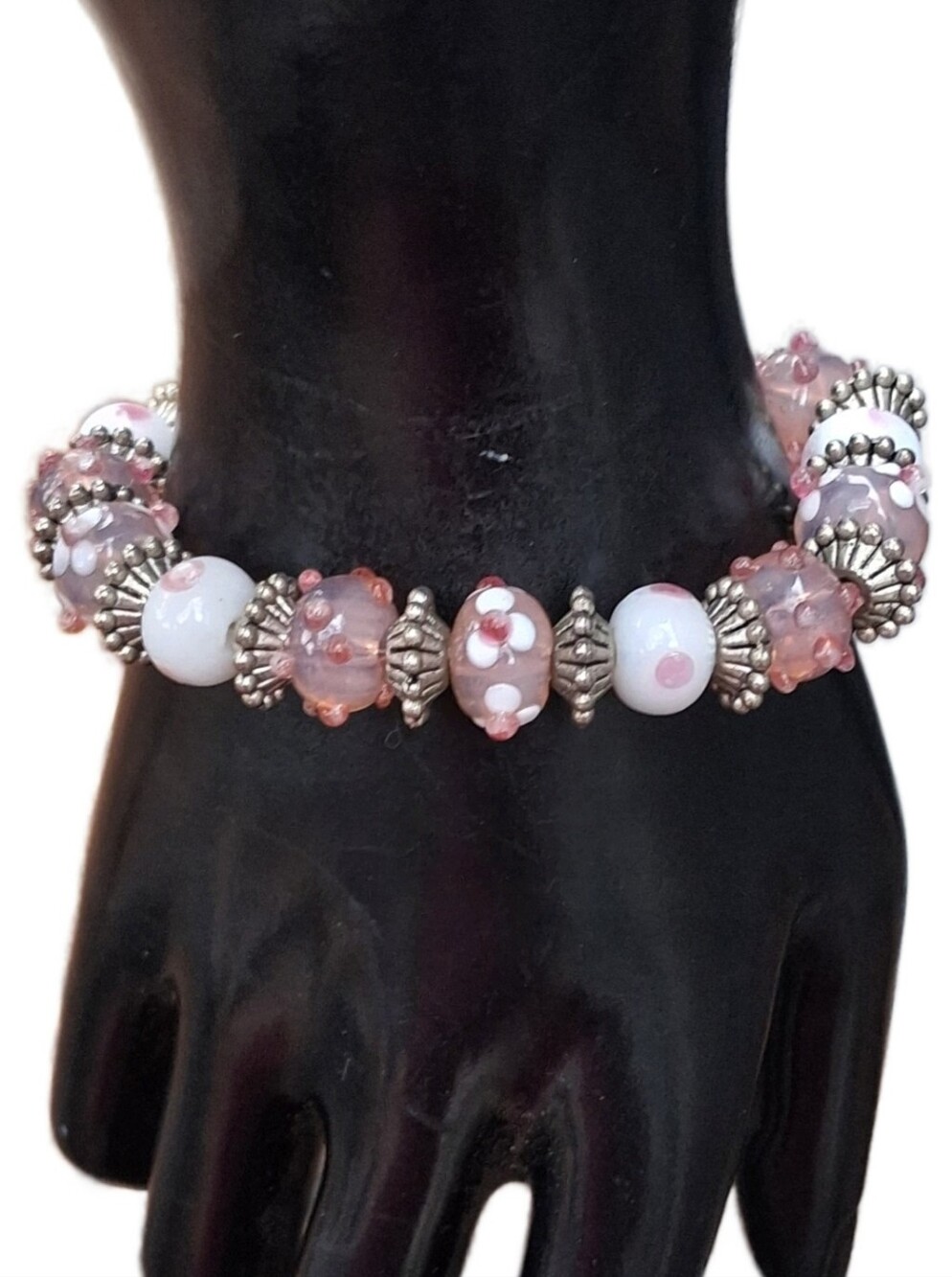 Vintage Murano Style Artisan Lampwork Glass Bead Bracelet Pink Polka Dot Floral